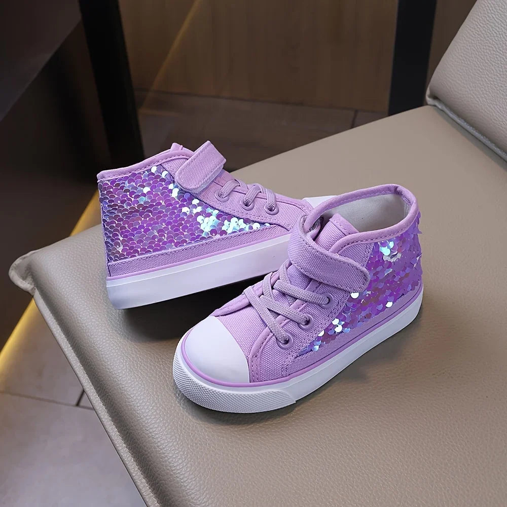 Purple holographic scale kids canvas party shoes
