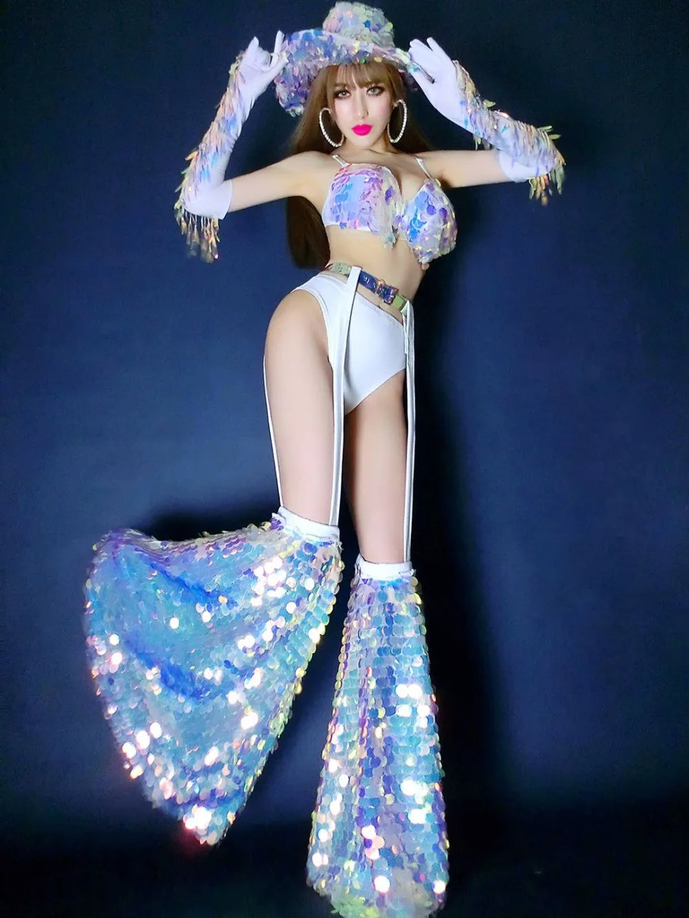 Glitter Sequin Bikini & Tassel Gloves Set — Stage Performer & Festival Outfit