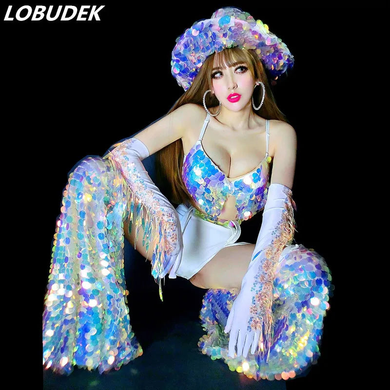Glitter Sequin Bikini & Tassel Gloves Set — Stage Performer & Festival Outfit