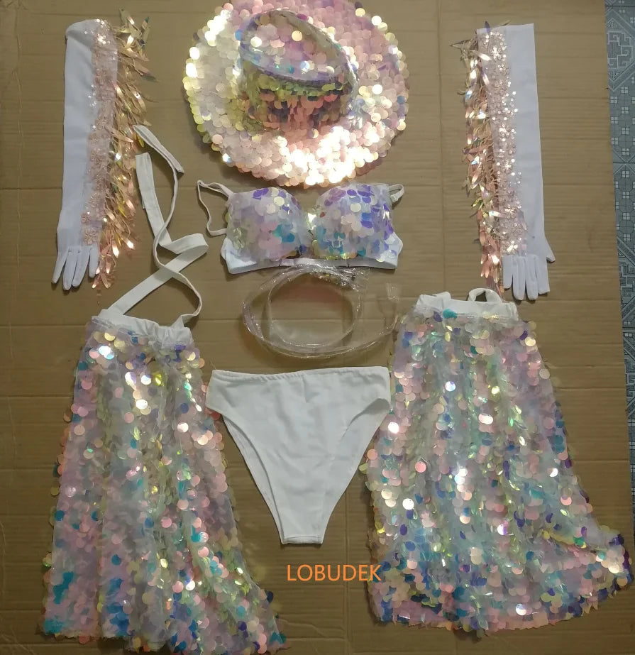 Glitter Sequin Bikini & Tassel Gloves Set — Stage Performer & Festival Outfit