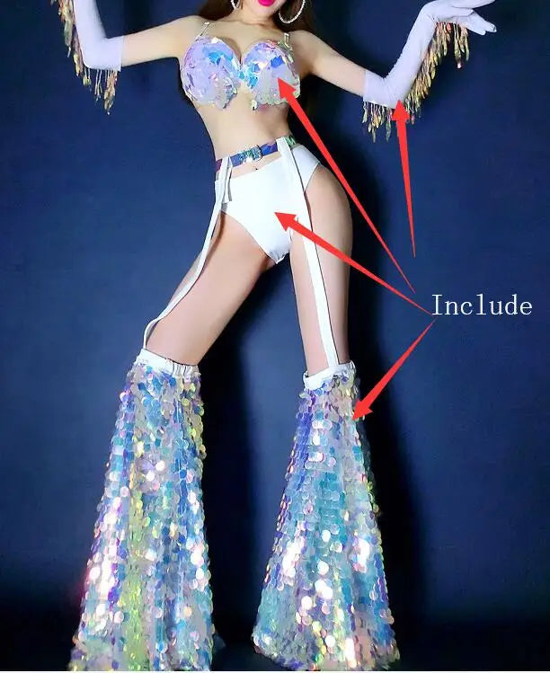 Glitter Sequin Bikini & Tassel Gloves Set — Stage Performer & Festival Outfit