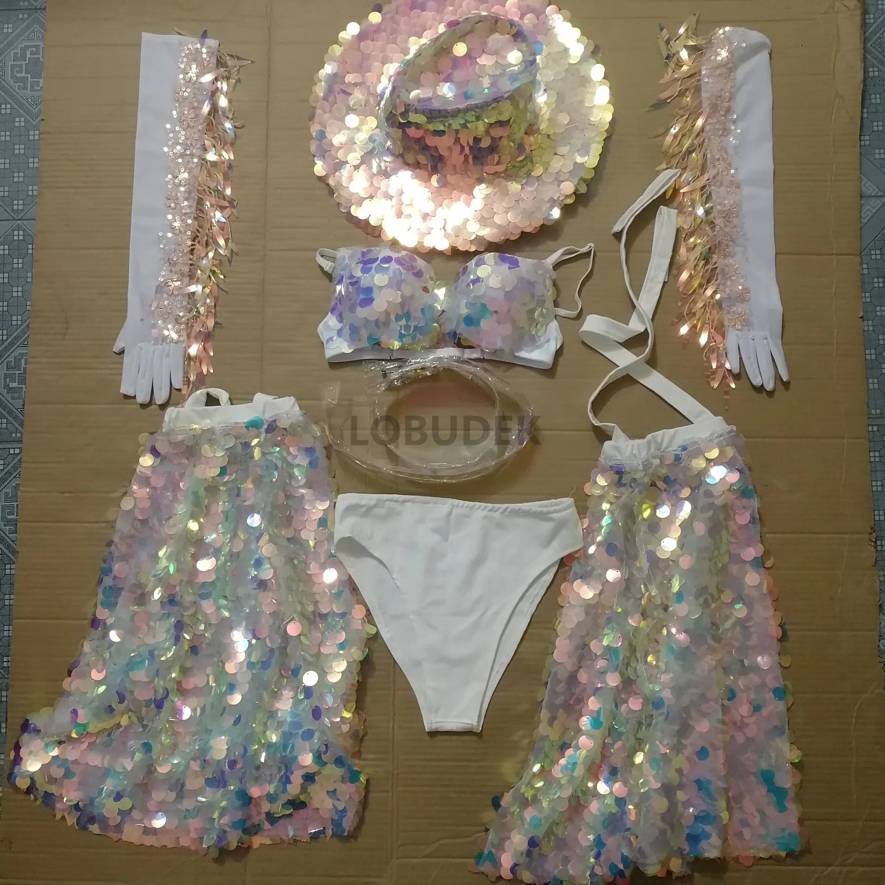 Glitter Sequin Bikini & Tassel Gloves Set — Stage Performer & Festival Outfit