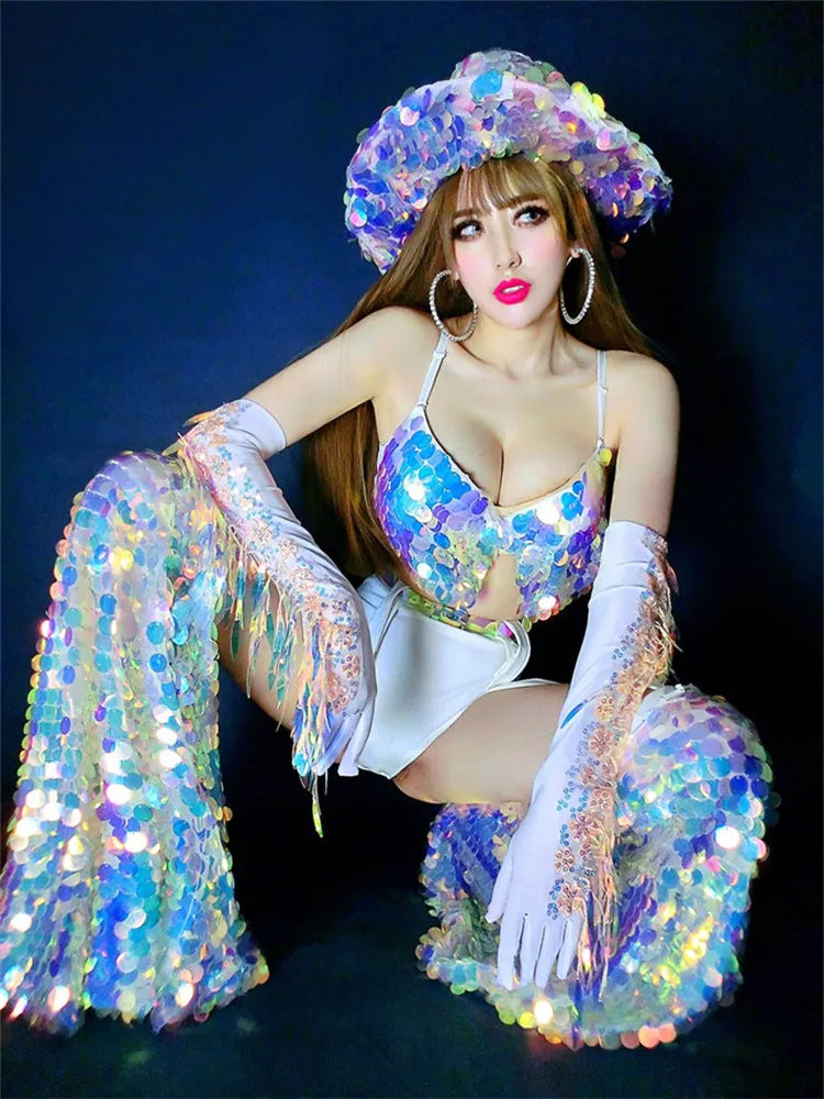 Glitter Sequin Bikini & Tassel Gloves Set — Showgirl Stage & Festival Costume
