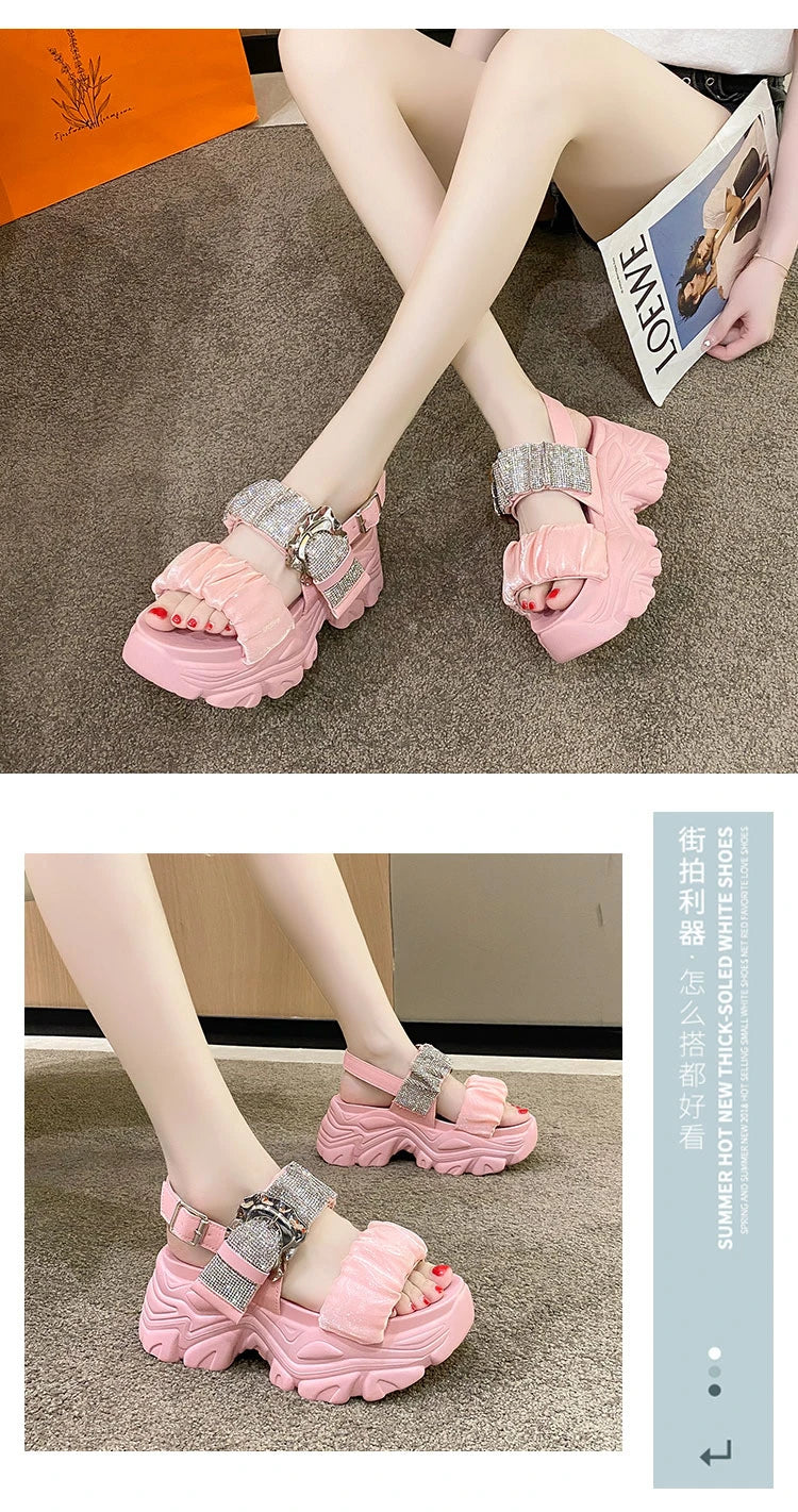 Chunky Crystal Wedge Sandals — 7.5cm Sparkly Platform Beach Shoes