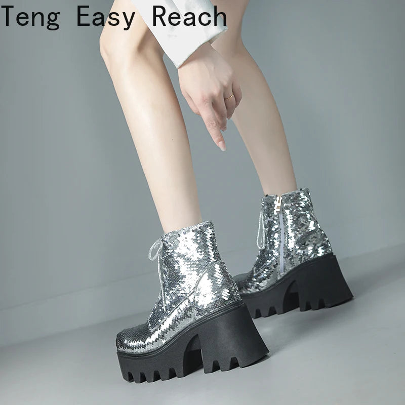 Punk Sequin Ankle Boots — Platform Moto Boots UK 1-9