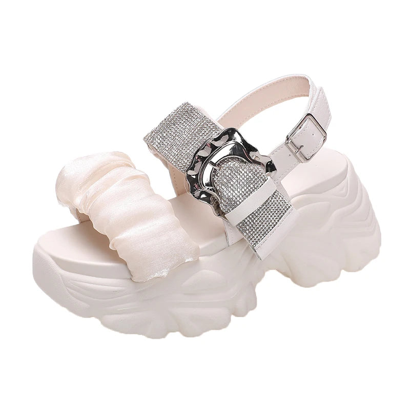 Chunky Crystal Wedge Sandals — 7.5cm Sparkly Platform Beach Shoes