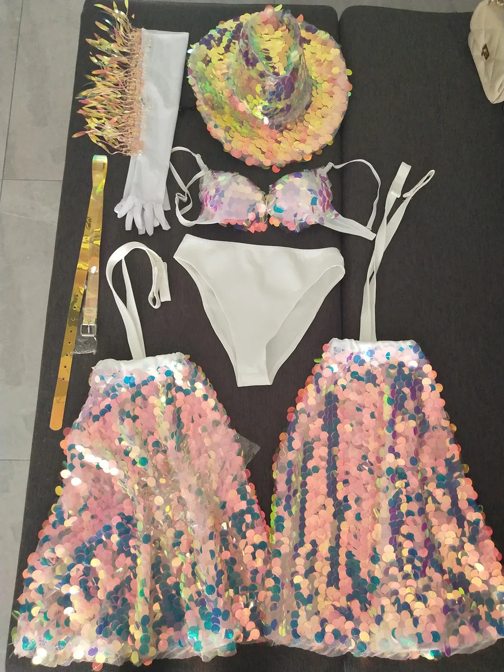 Glitter Sequin Bikini & Tassel Gloves Set — Stage Performer & Festival Outfit