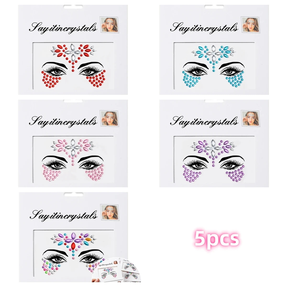Mermaid Face Gems — 5 Pack Crystal Rhinestone Festival Sticker