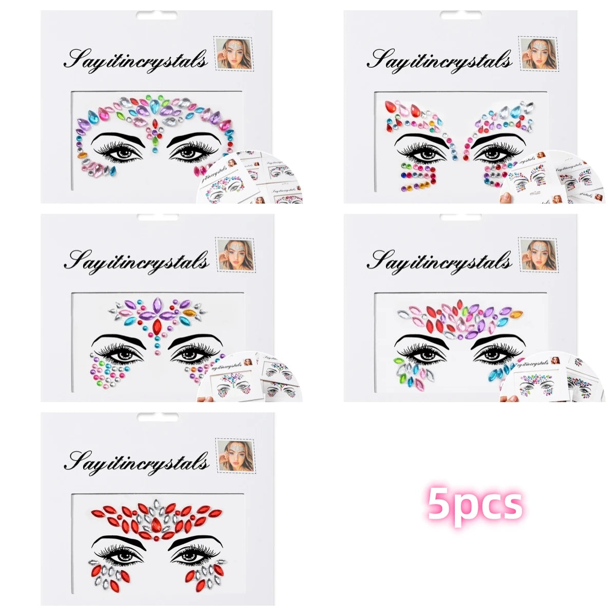 Mermaid Face Gems — 5 Pack Crystal Rhinestone Festival Sticker