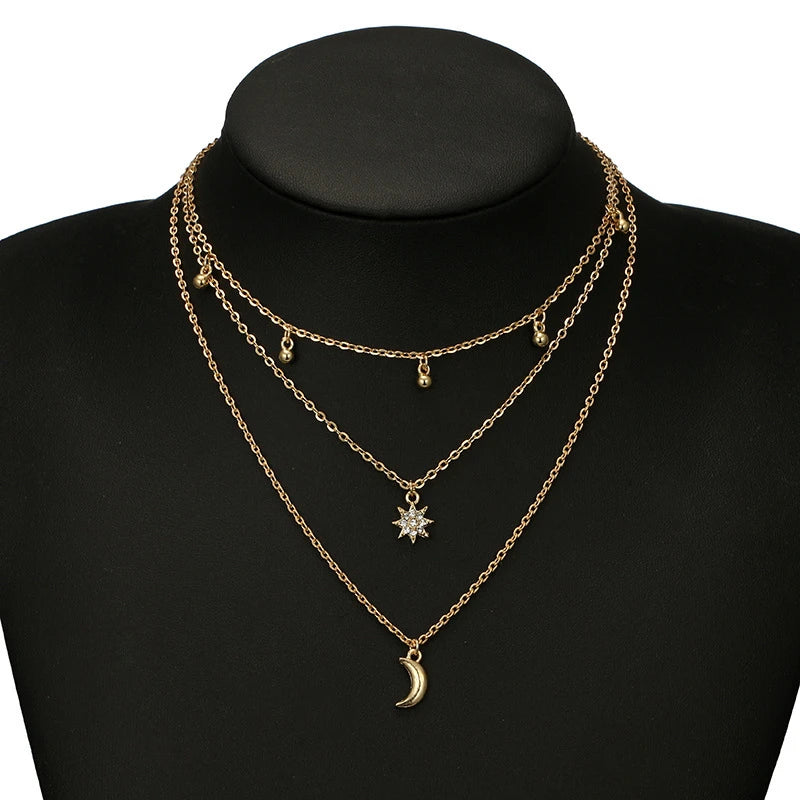 Star & Moon Sequin Tassel Choker — Boho Festival Layered Necklace