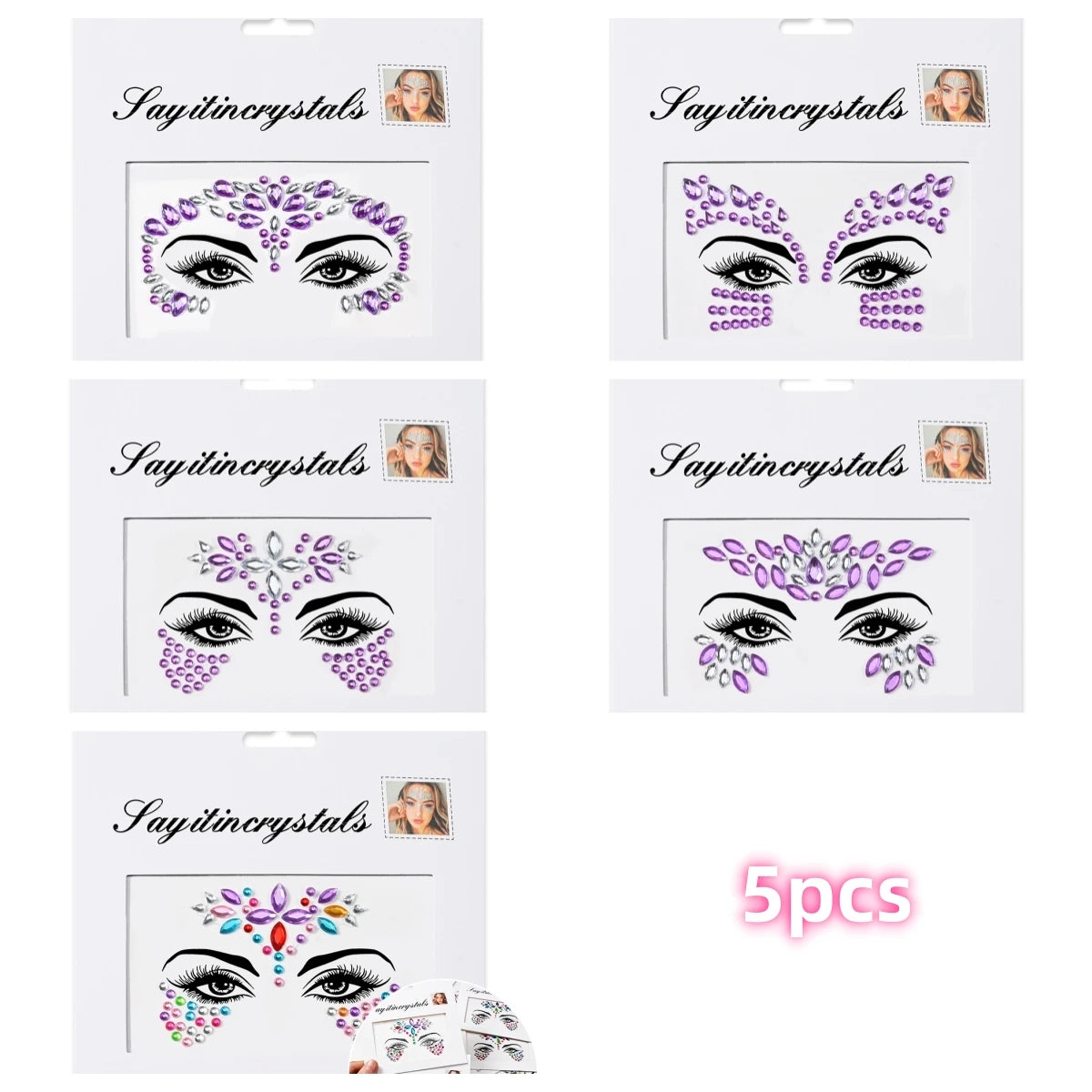 Mermaid Face Gems — 5 Pack Crystal Rhinestone Festival Sticker
