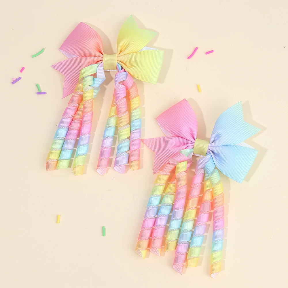 Unicorn Bow Hair Clips — Tassel Ribbon Barrettes for Girls