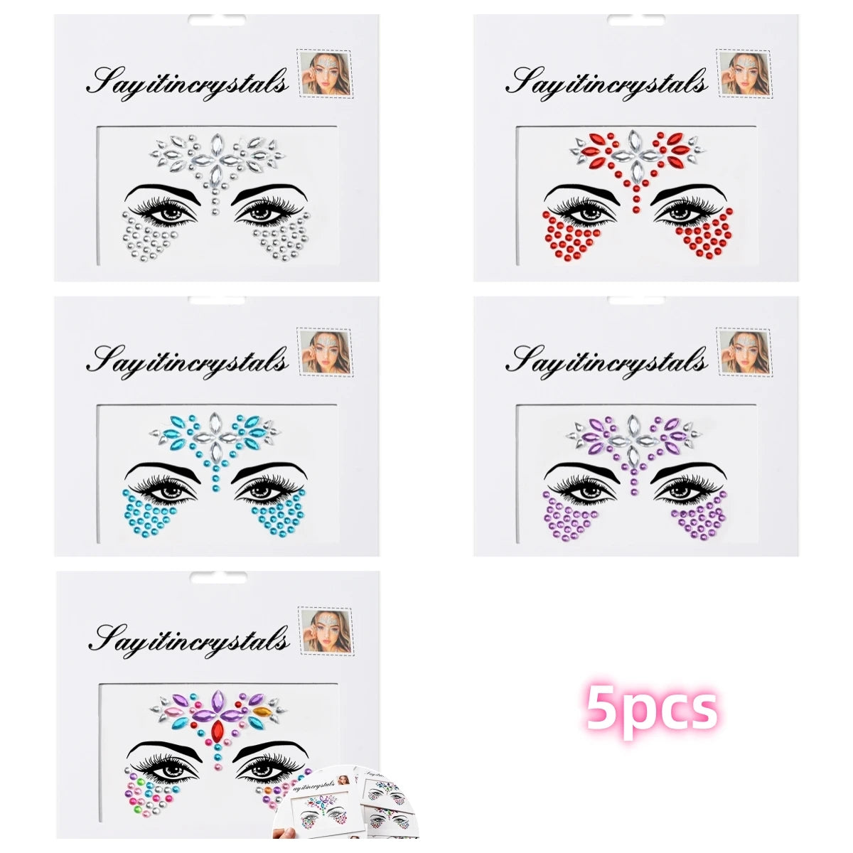 Mermaid Face Gems — 5 Pack Crystal Rhinestone Festival Sticker