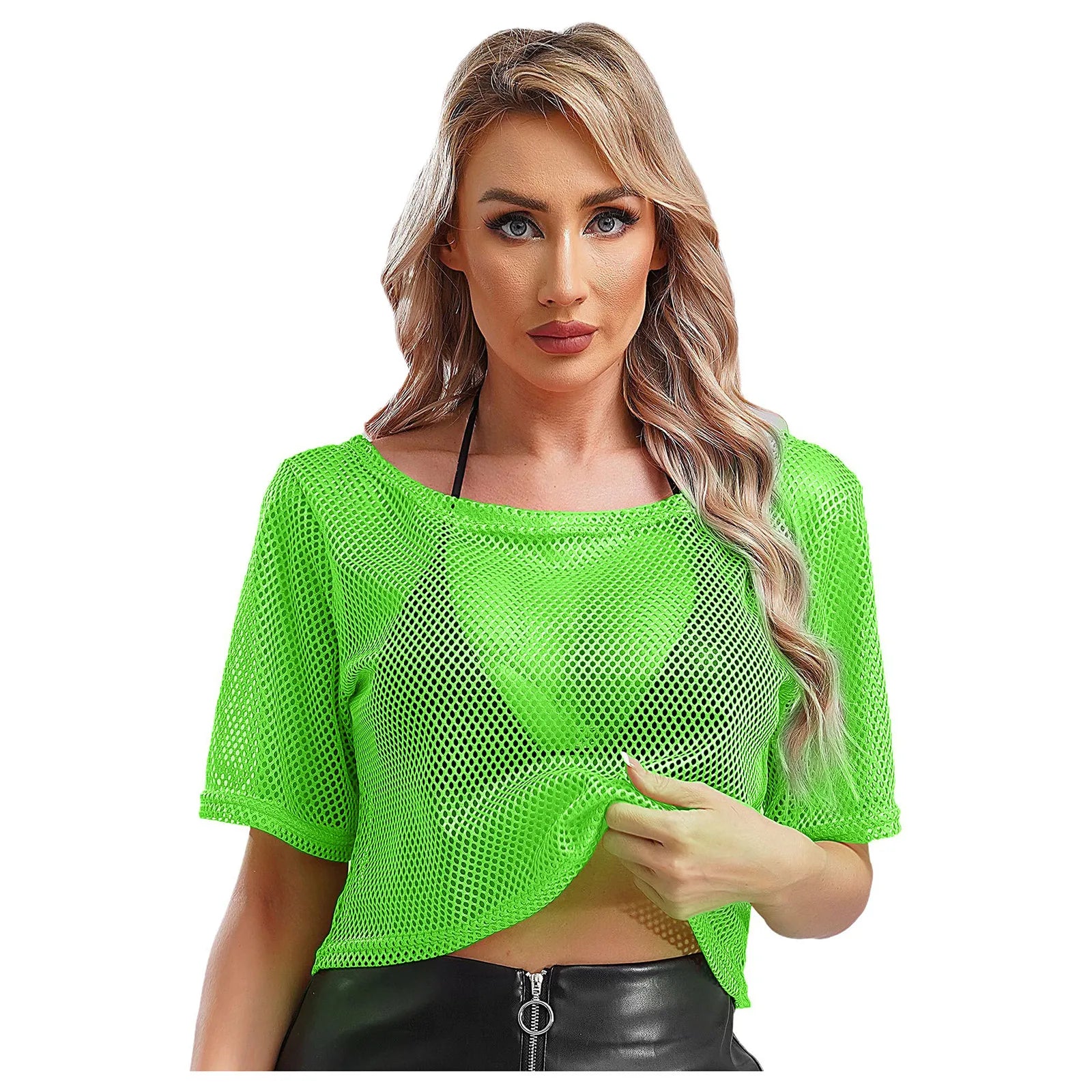 Neon Fishnet Crop Top — 80s Disco Rave & Festival