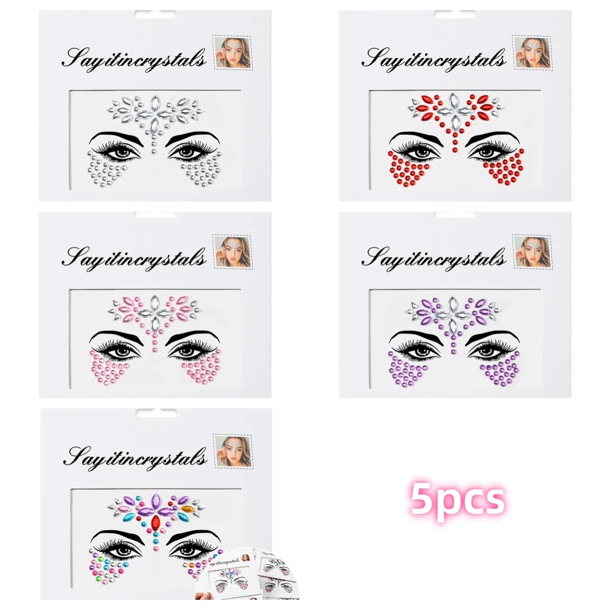 Mermaid Face Gems — 5 Pack Crystal Rhinestone Festival Sticker