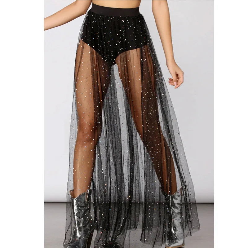 Glitter Tulle Maxi Skirt — High Split Beach & Festival Skirt