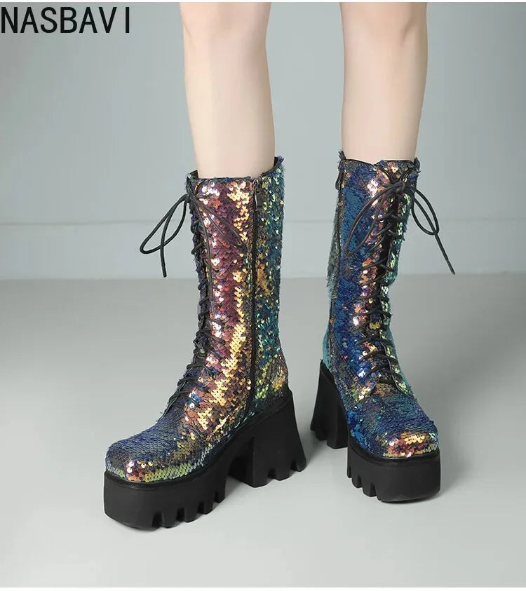 Green Sequin Mid-Calf Boots — Fish Scale Punk Platform Boots