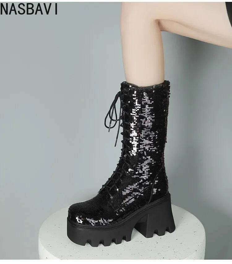 Green Sequin Mid-Calf Boots — Fish Scale Punk Platform Boots