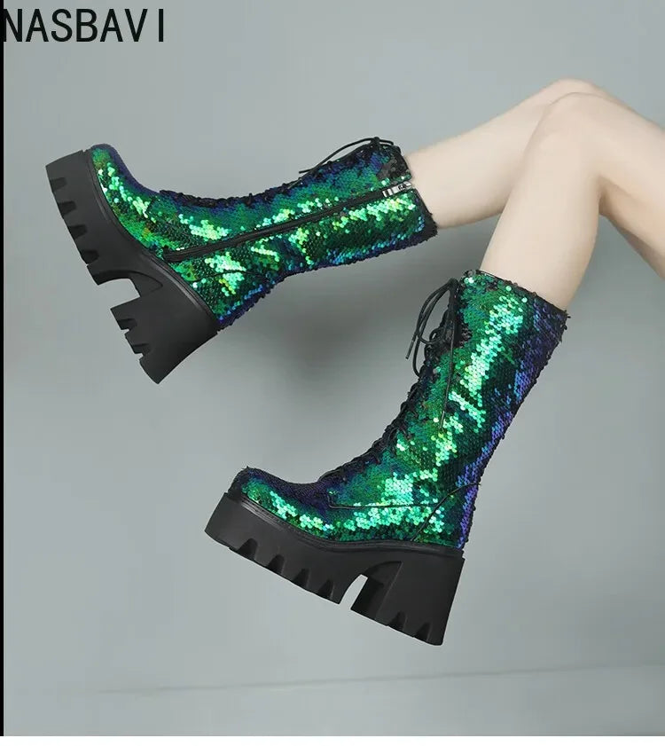 Green Sequin Mid-Calf Boots — Fish Scale Punk Platform Boots