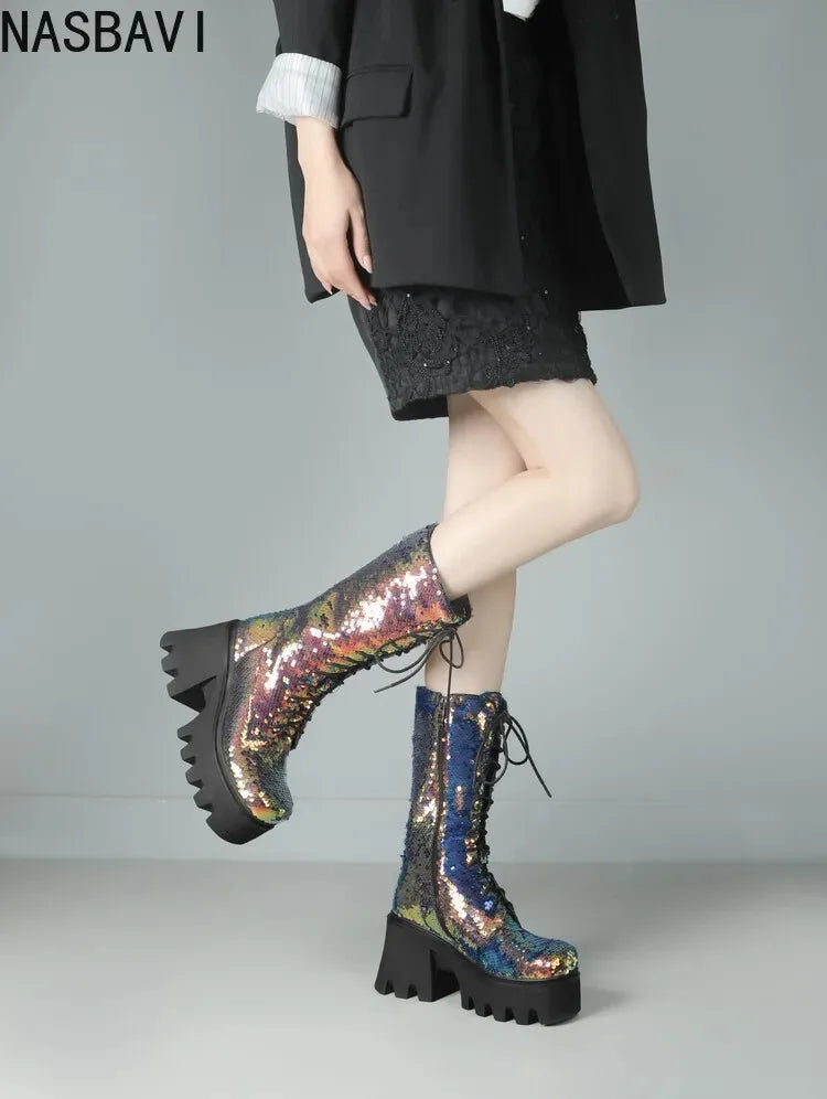 Green Sequin Mid-Calf Boots — Fish Scale Punk Platform Boots