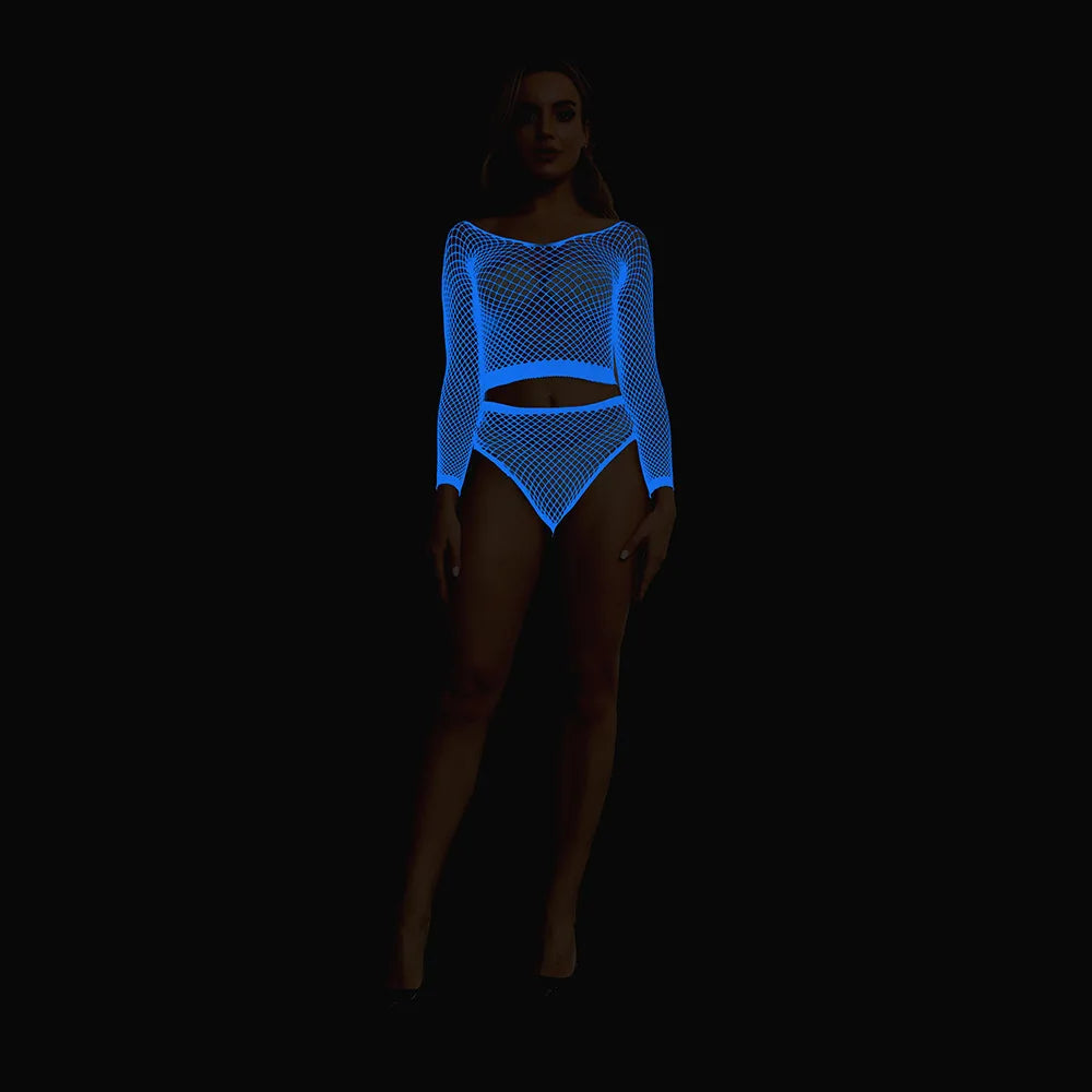 UV Glow Fishnet Two-Piece Set — Neon Festival & Rave Outfit