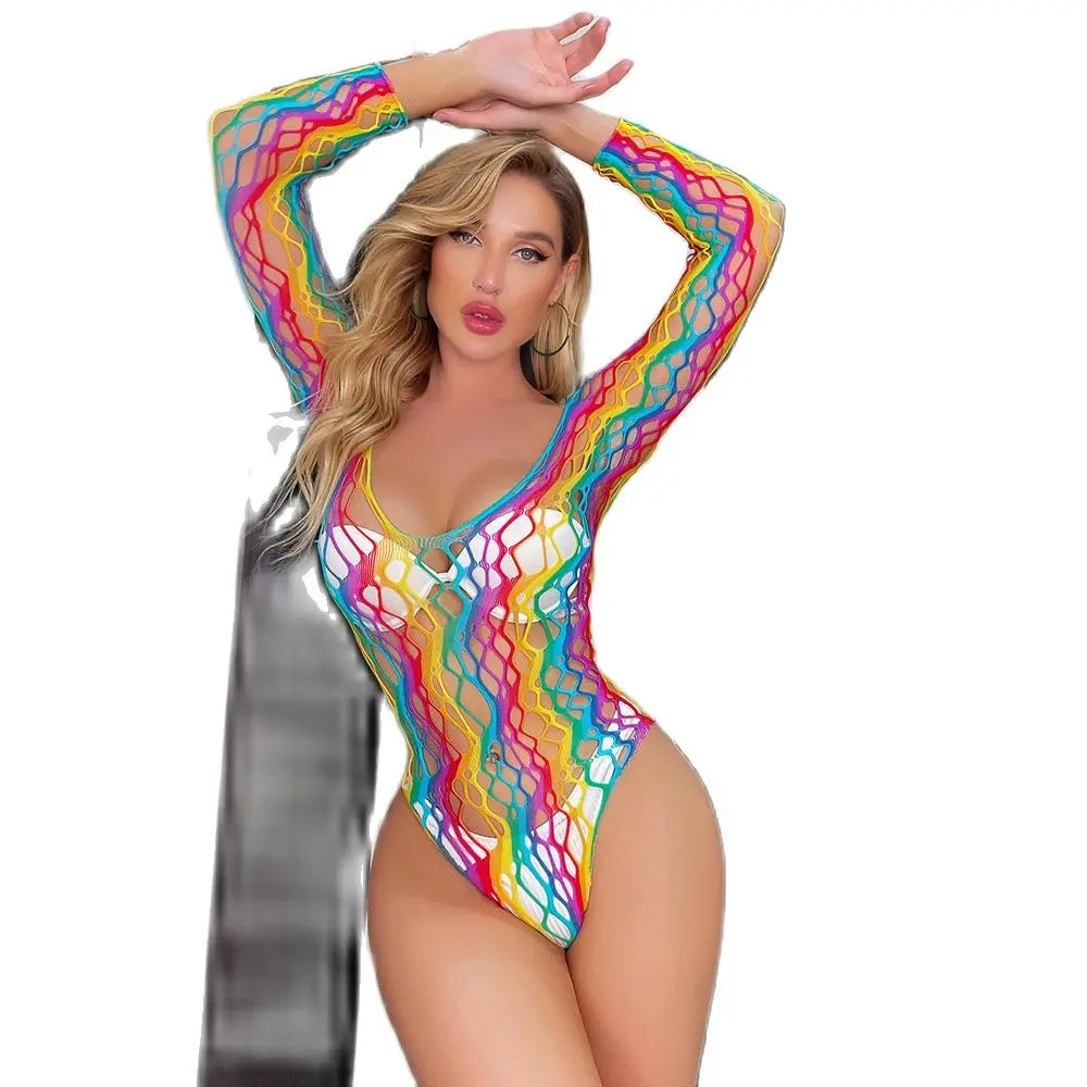 Rainbow Stripe Fishnet Bodysuit — Festival Rave & Stage Outfit