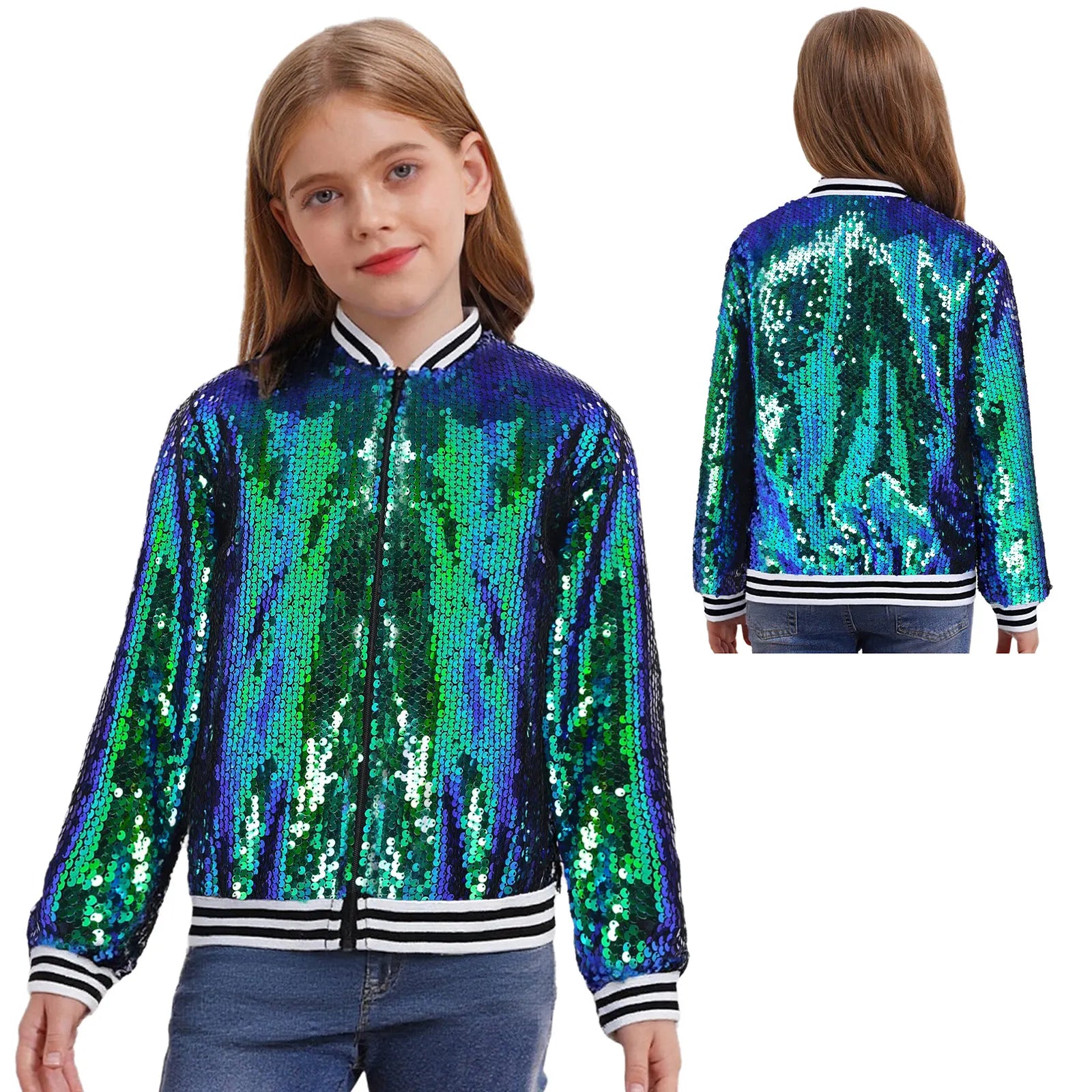 Shiny Sequin Zip Jacket — Kids Dance Performance & Festival Coat