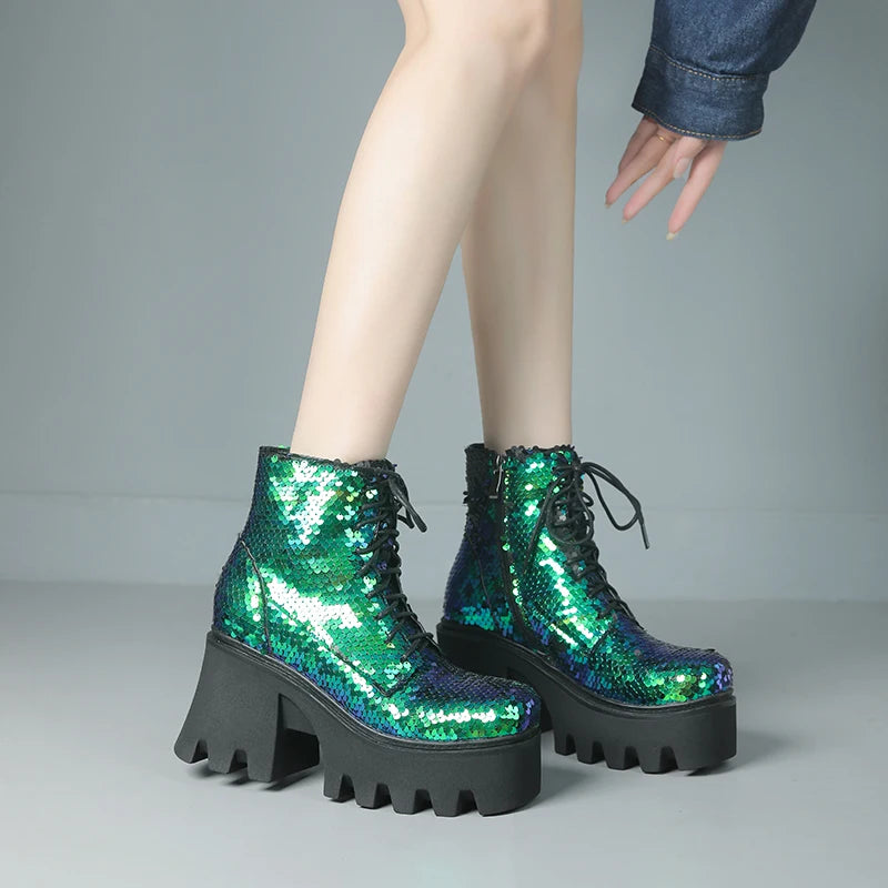Punk Sequin Ankle Boots — Platform Moto Boots UK 1-9