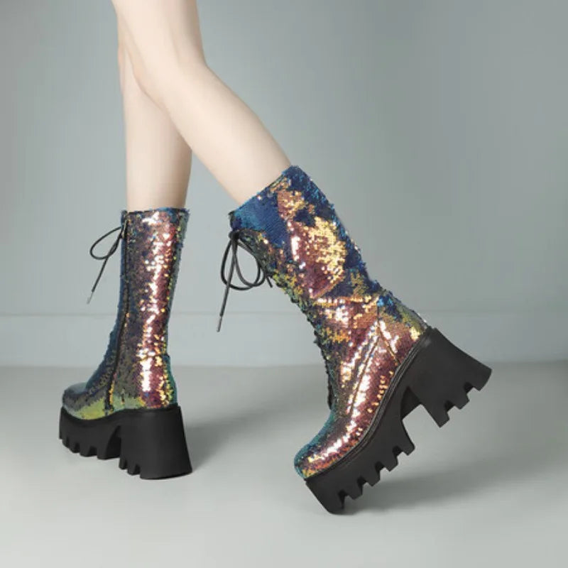 Green Sequin Mid-Calf Boots — Fish Scale Punk Platform Boots