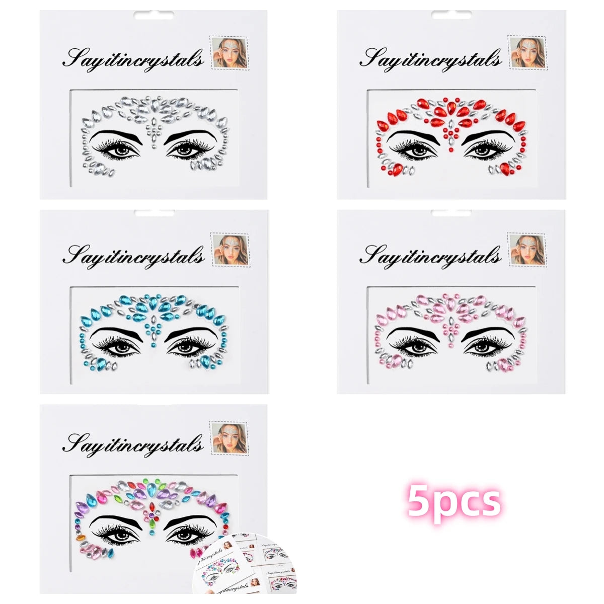 Mermaid Face Gems — 5 Pack Crystal Rhinestone Festival Sticker