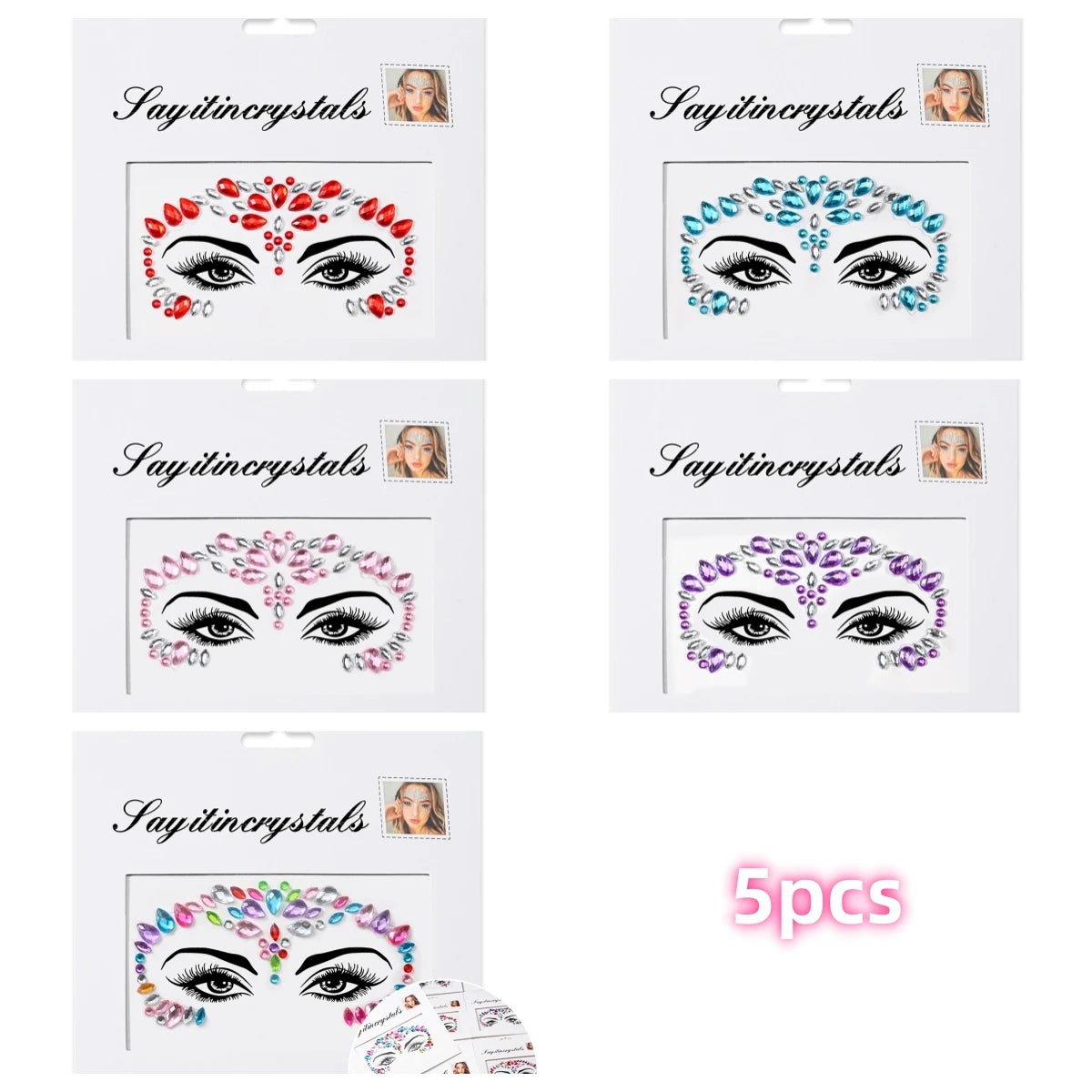 Mermaid Face Gems — 5 Pack Crystal Rhinestone Festival Sticker