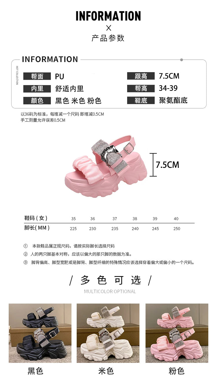 Chunky Crystal Wedge Sandals — 7.5cm Sparkly Platform Beach Shoes