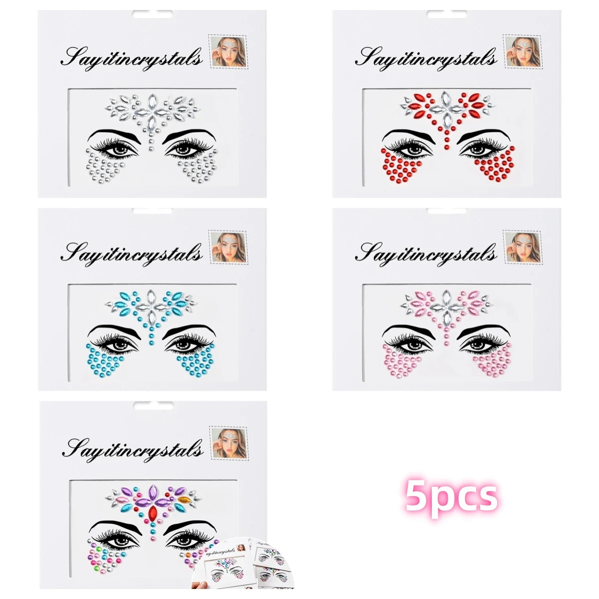 Mermaid Face Gems — 5 Pack Crystal Rhinestone Festival Sticker
