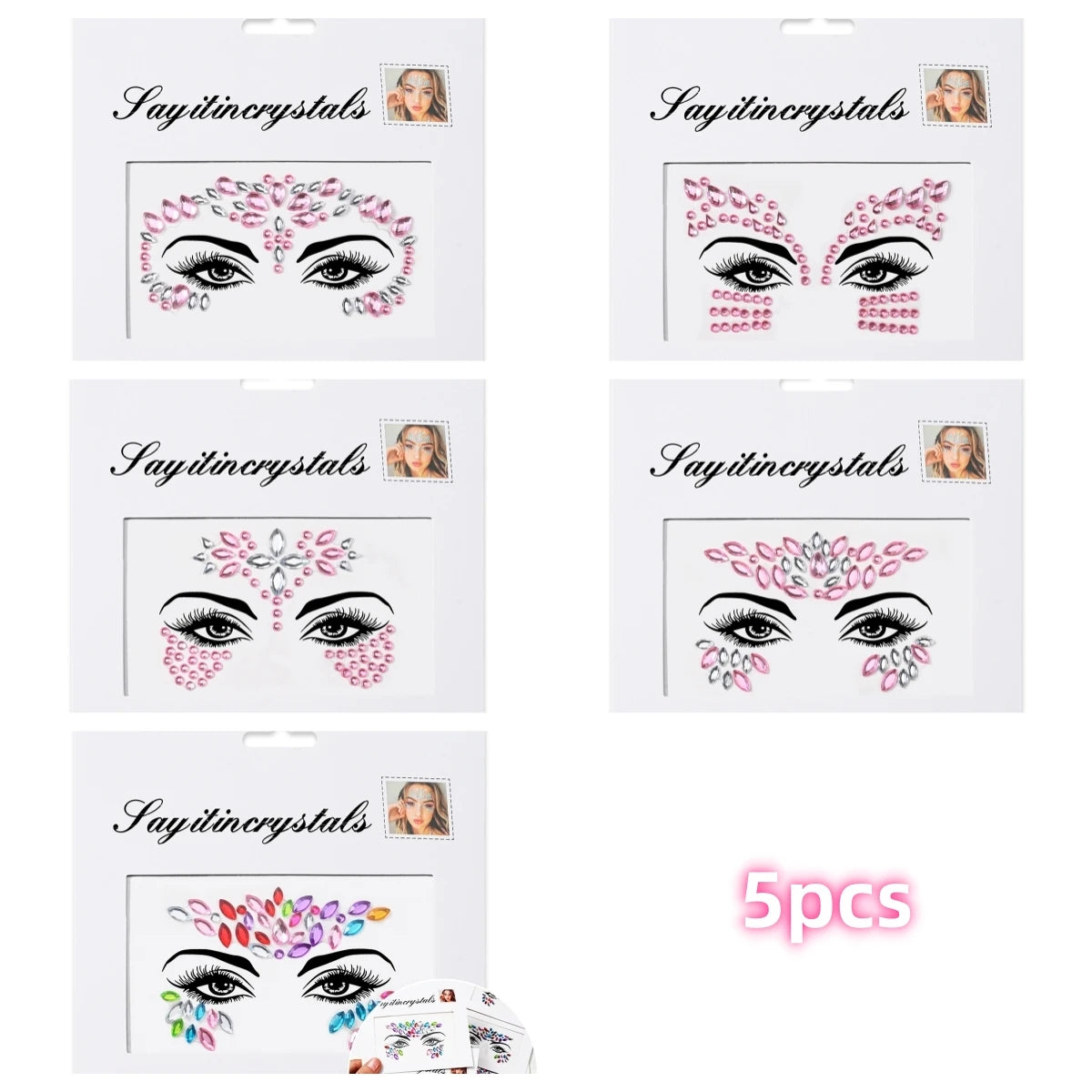 Mermaid Face Gems — 5 Pack Crystal Rhinestone Festival Sticker