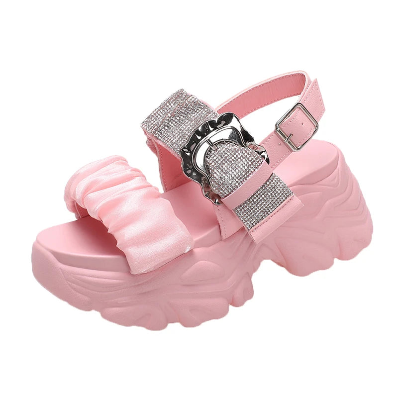 Chunky Crystal Wedge Sandals — 7.5cm Sparkly Platform Beach Shoes