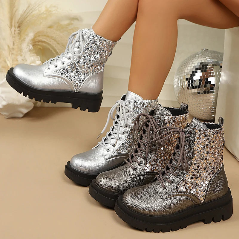 Silver Sequin Ankle Boots — Metallic Lace-Up Platform Boots
