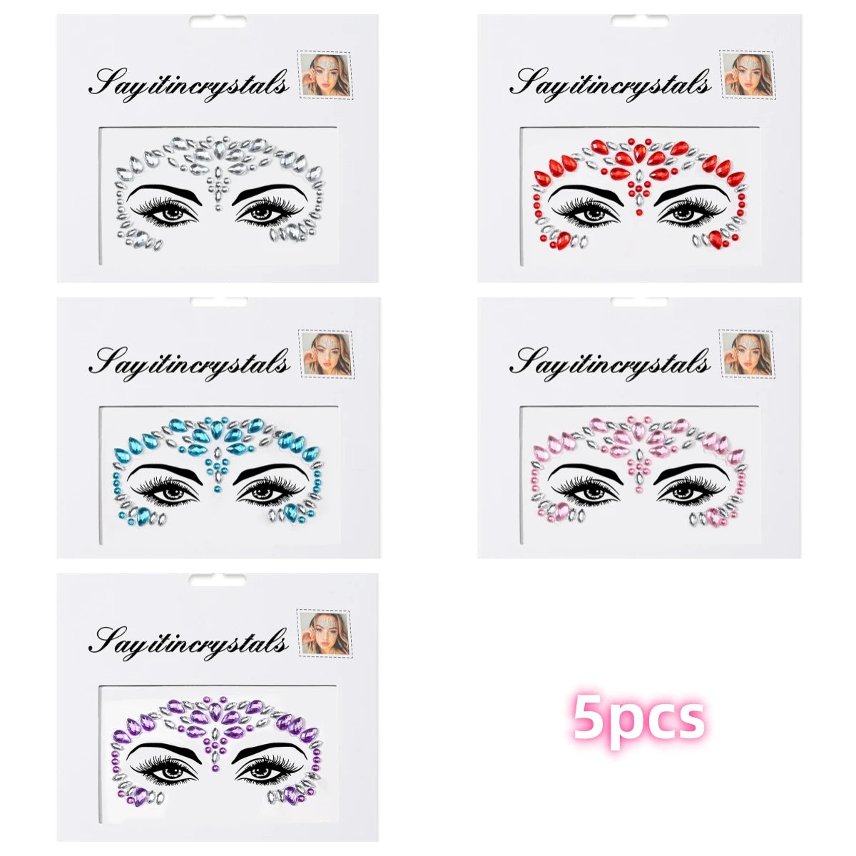 Mermaid Face Gems — 5 Pack Crystal Rhinestone Festival Sticker
