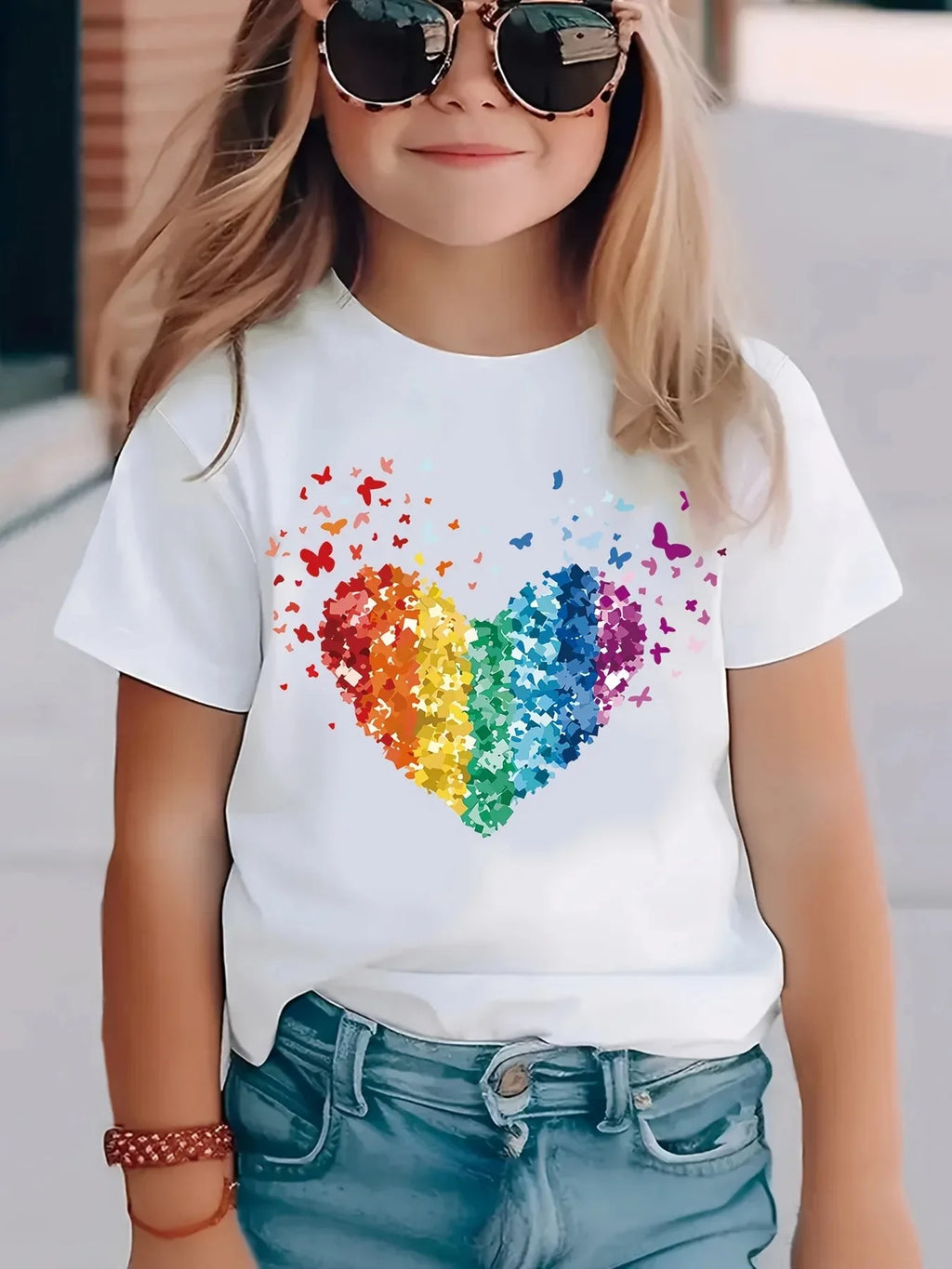 Rainbow Sequin Heart Kids T-Shirt — Girls Party & Festival Top