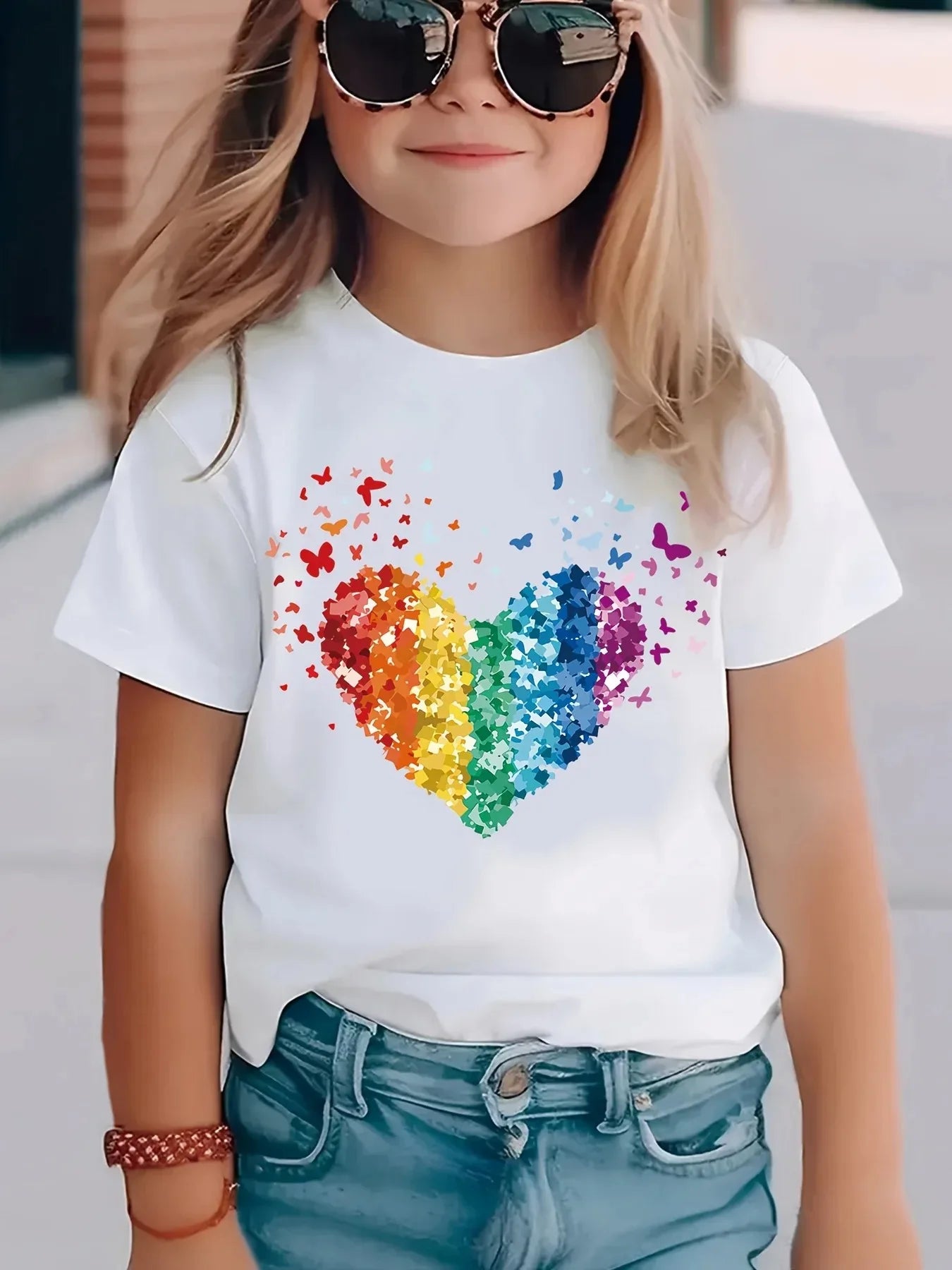 Rainbow Sequin Heart Kids T-Shirt — Girls Party & Festival Top