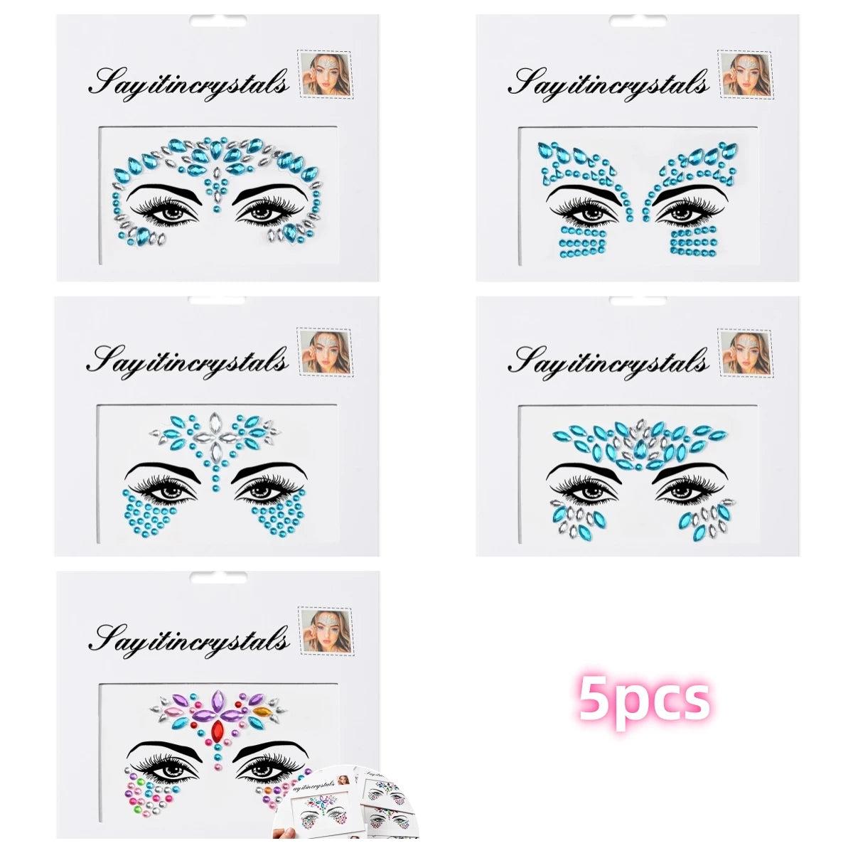 Mermaid Face Gems — 5 Pack Crystal Rhinestone Festival Sticker