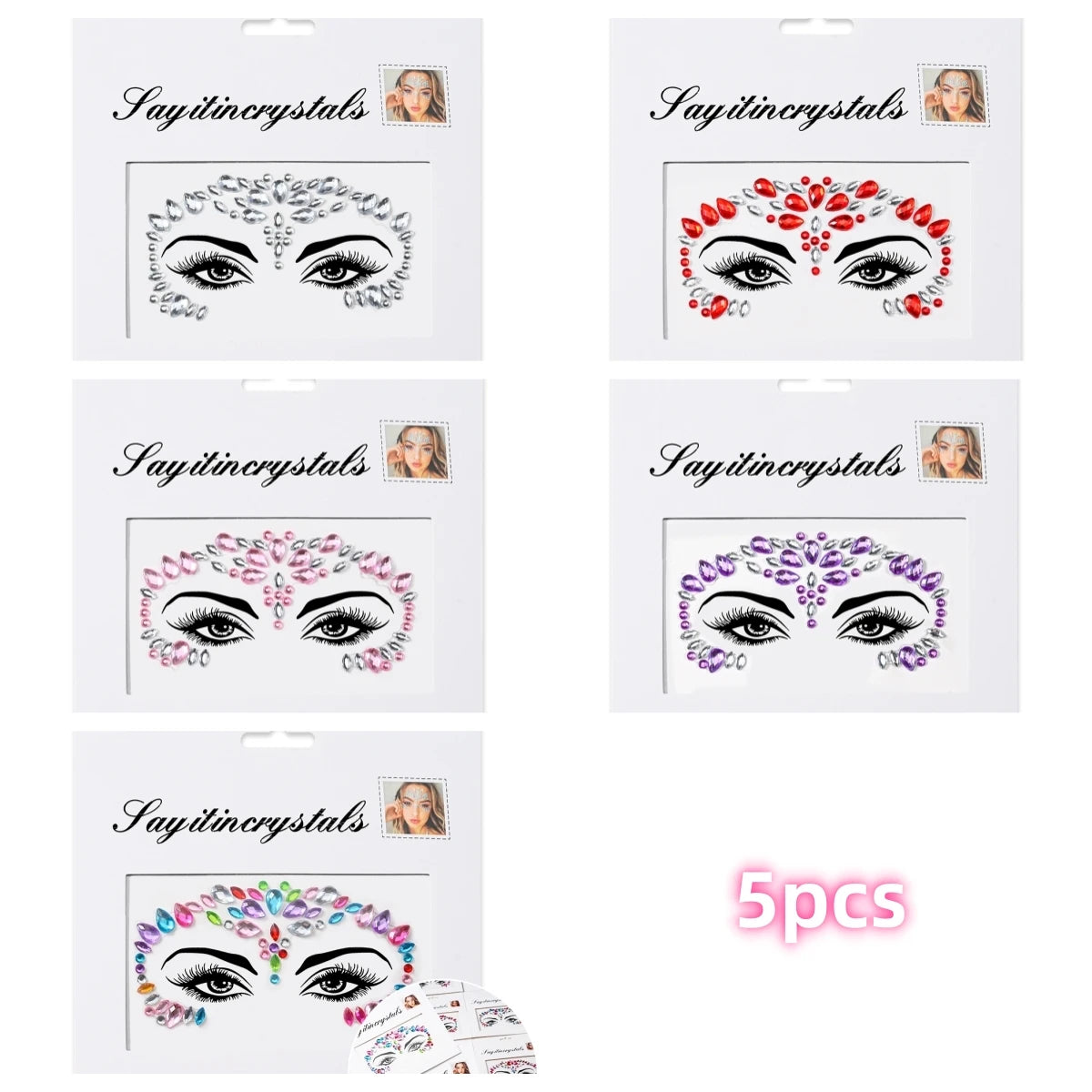 Mermaid Face Gems — 5 Pack Crystal Rhinestone Festival Sticker