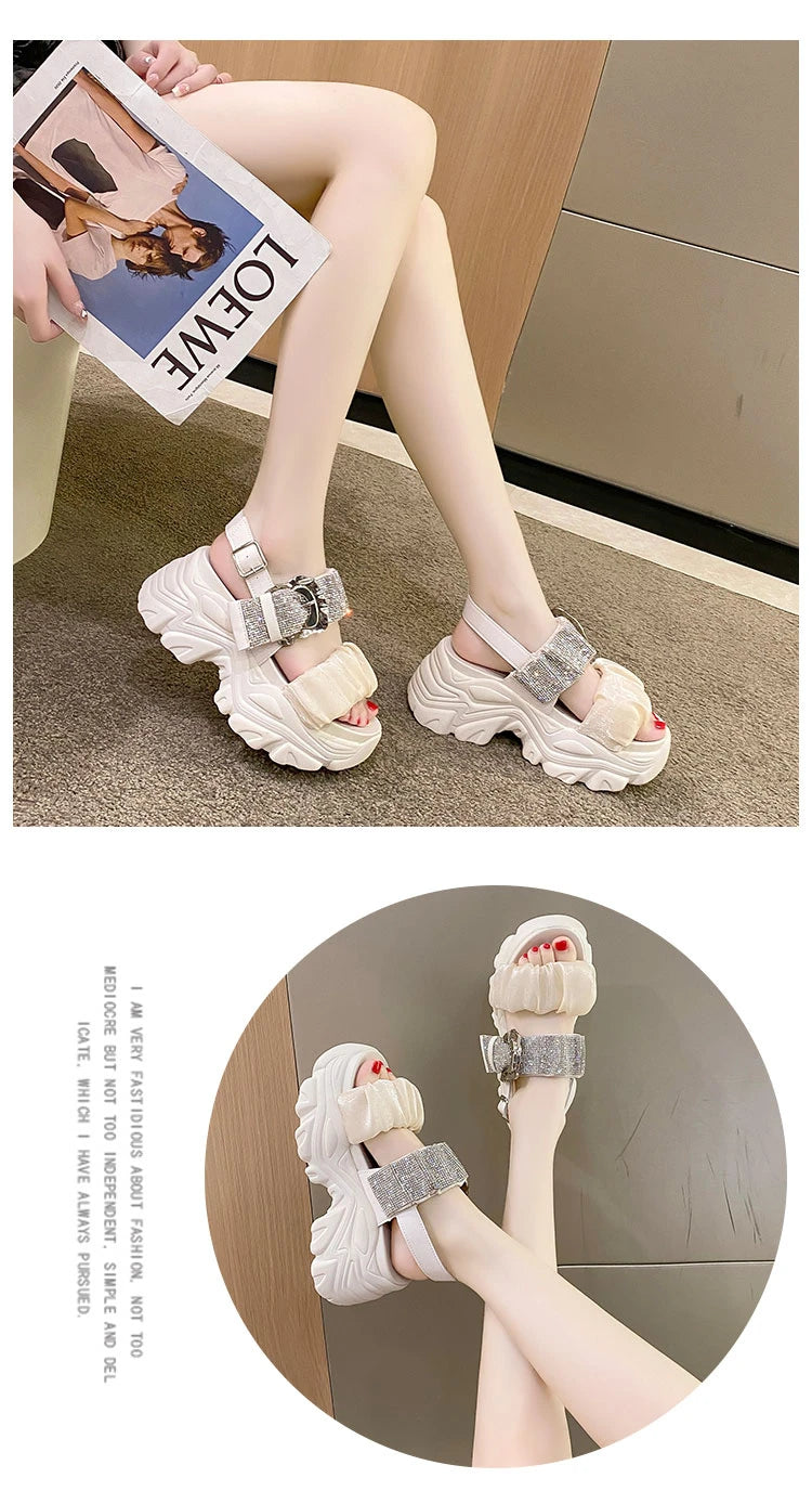 Chunky Crystal Wedge Sandals — 7.5cm Sparkly Platform Beach Shoes
