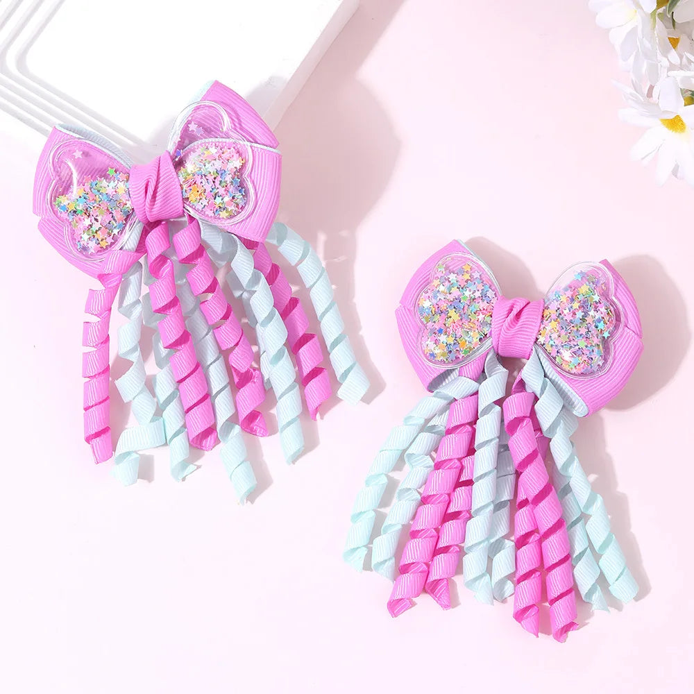 Unicorn Bow Hair Clips — Tassel Ribbon Barrettes for Girls