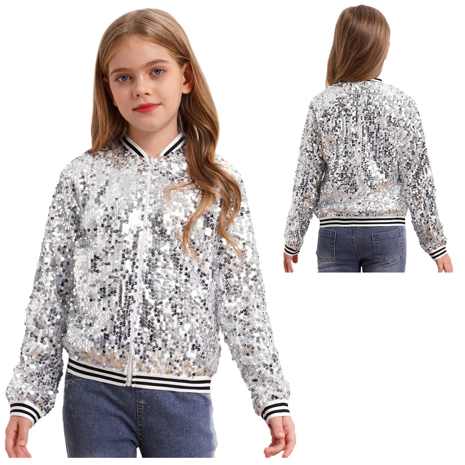 Shiny Sequin Zip Jacket — Kids Dance Performance & Festival Coat