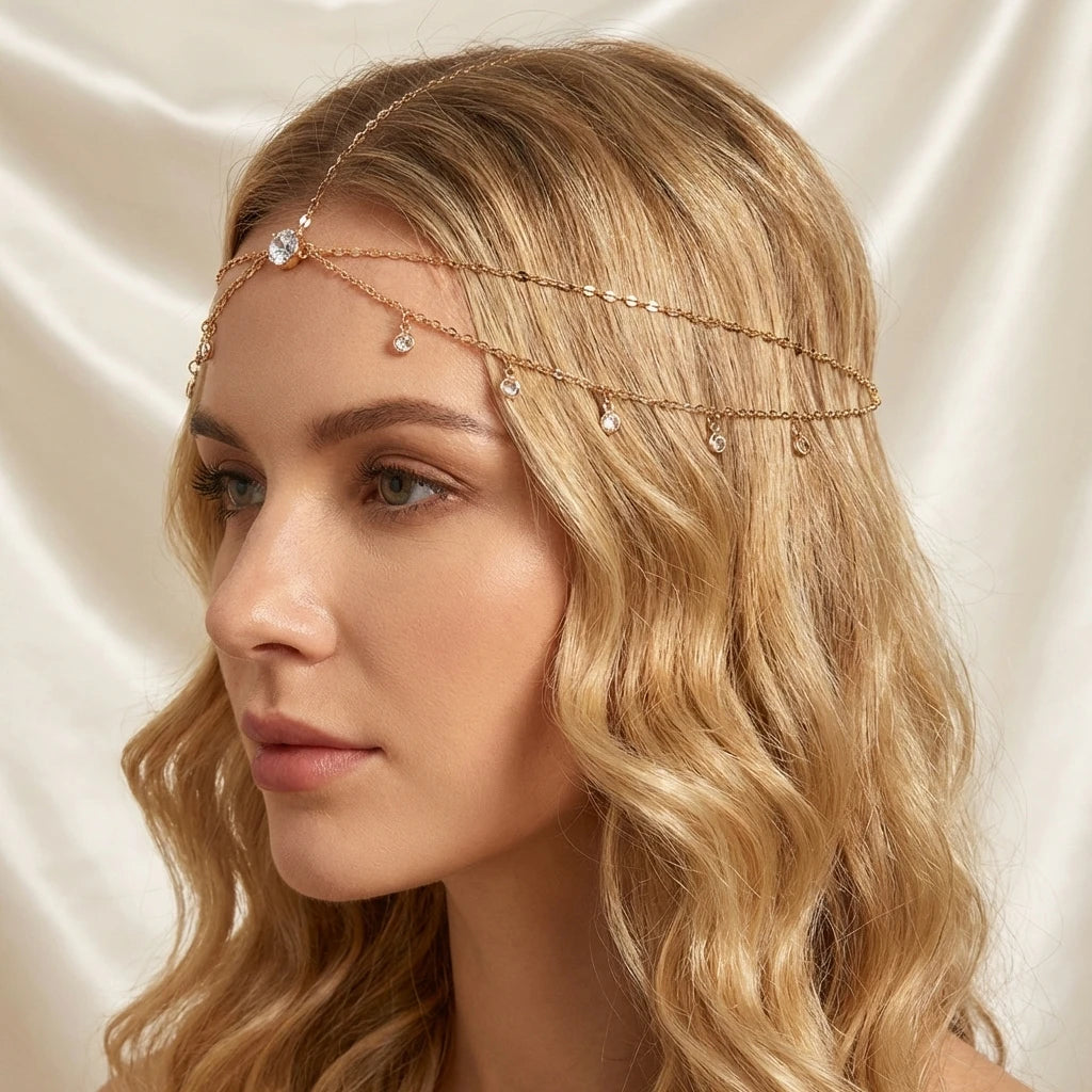 Multi-Layer Diamond Forehead Chain — Princess Headpiece for Weddings & Parties