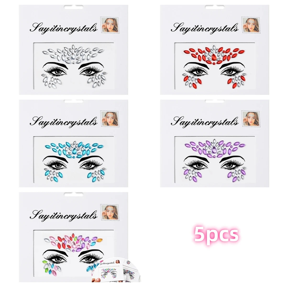 Mermaid Face Gems — 5 Pack Crystal Rhinestone Festival Sticker