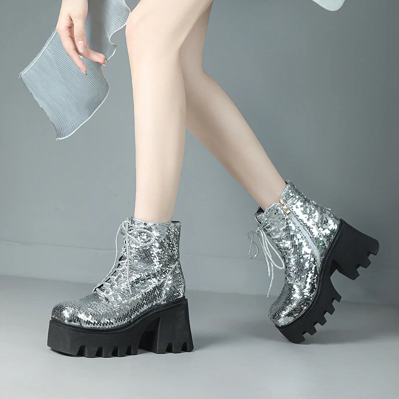 Punk Sequin Ankle Boots — Platform Moto Boots UK 1-9