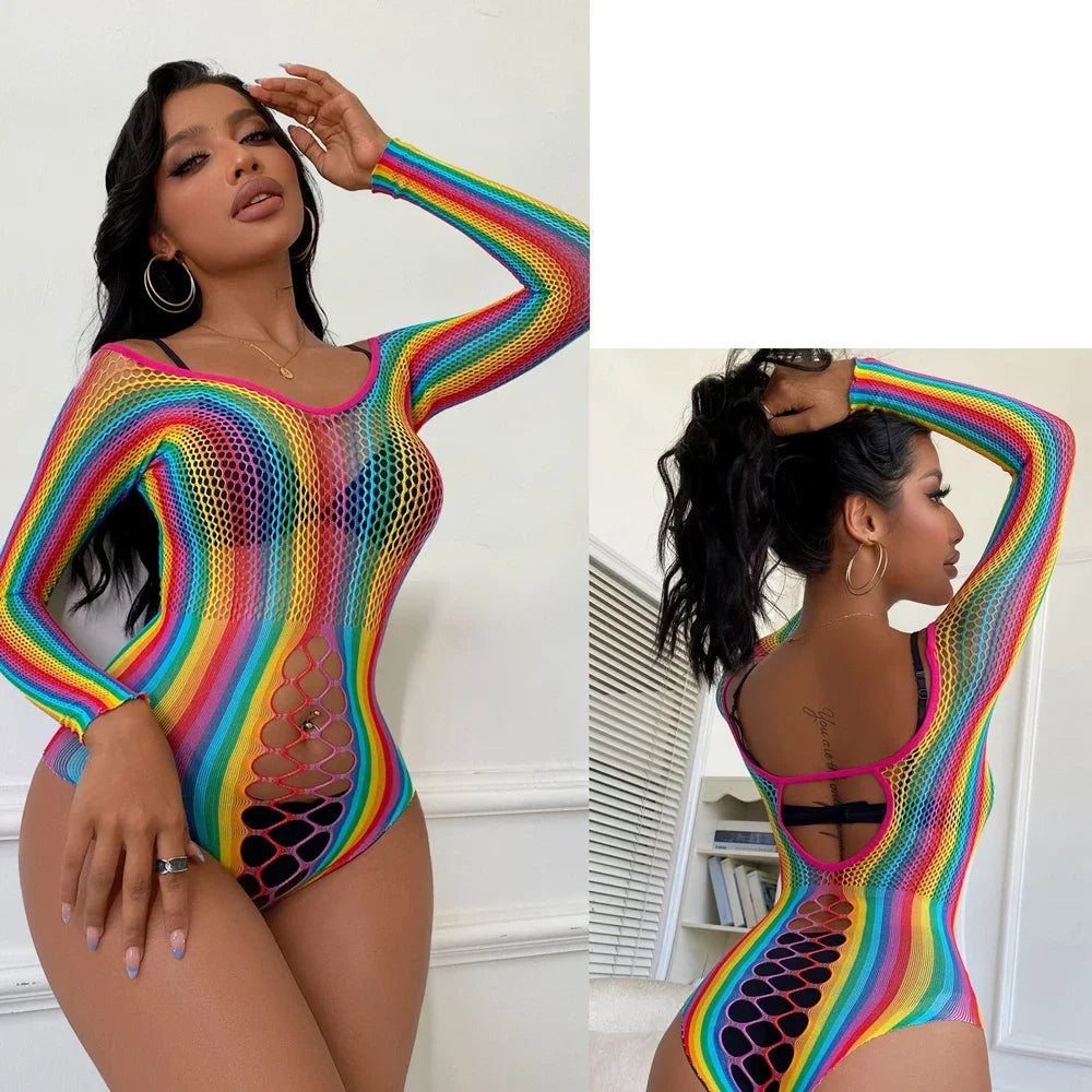 Rainbow Fishnet Bodysuit — Festival, Rave & Stage Outfit