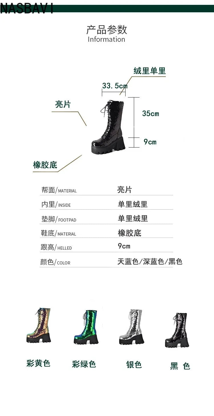 Green Sequin Mid-Calf Boots — Fish Scale Punk Platform Boots