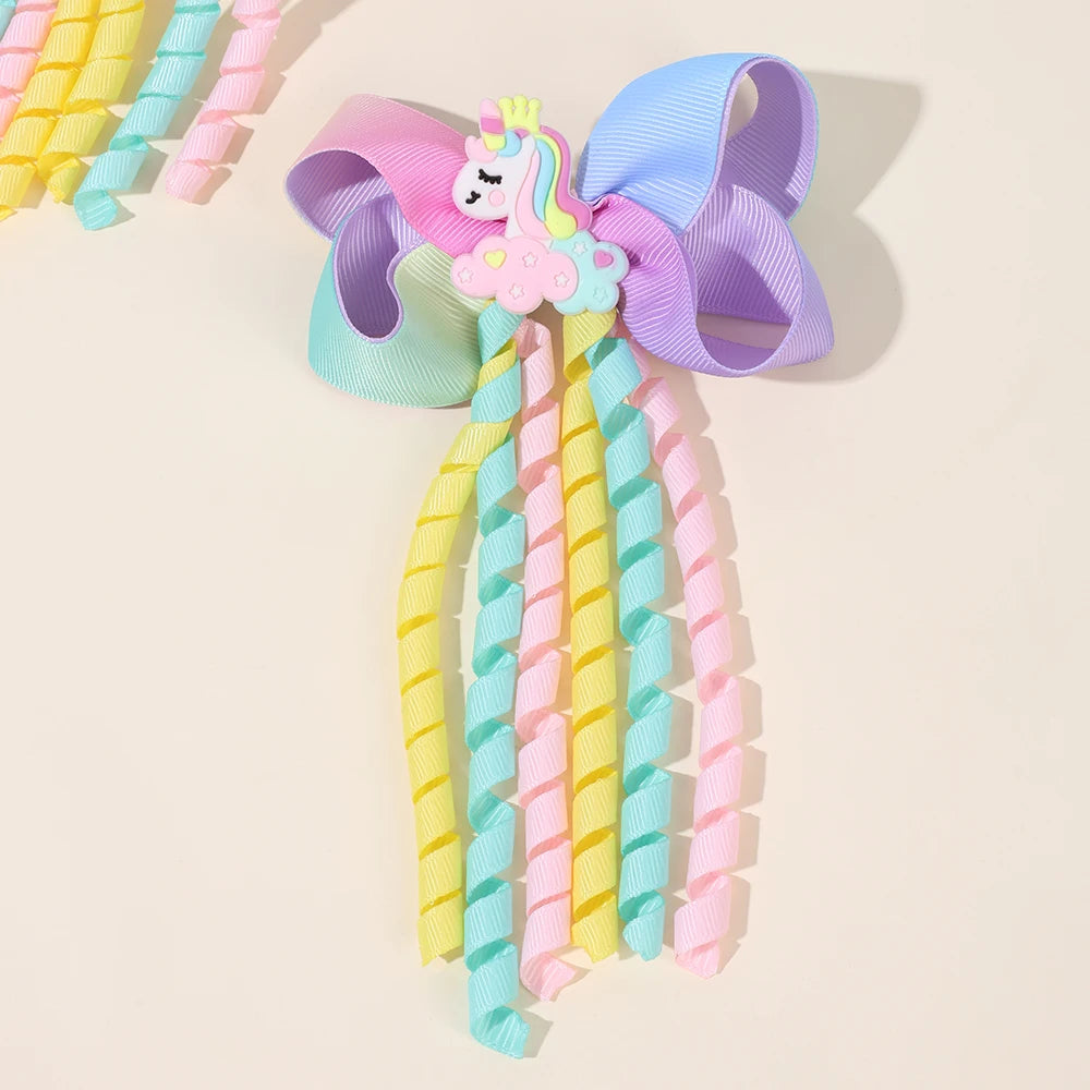 Unicorn Bow Hair Clips — Tassel Ribbon Barrettes for Girls